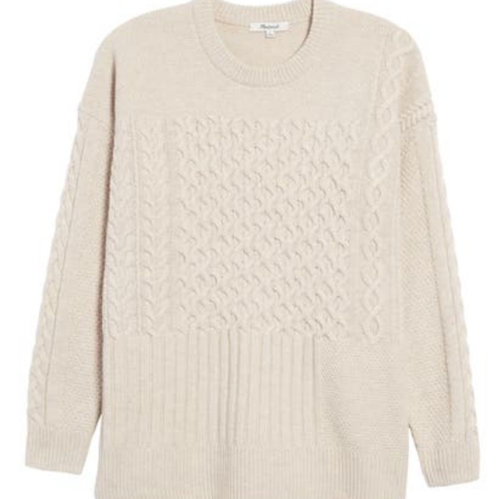 Madewell Ladies Size Medium Almond Patchwork Cable Knit Sweater